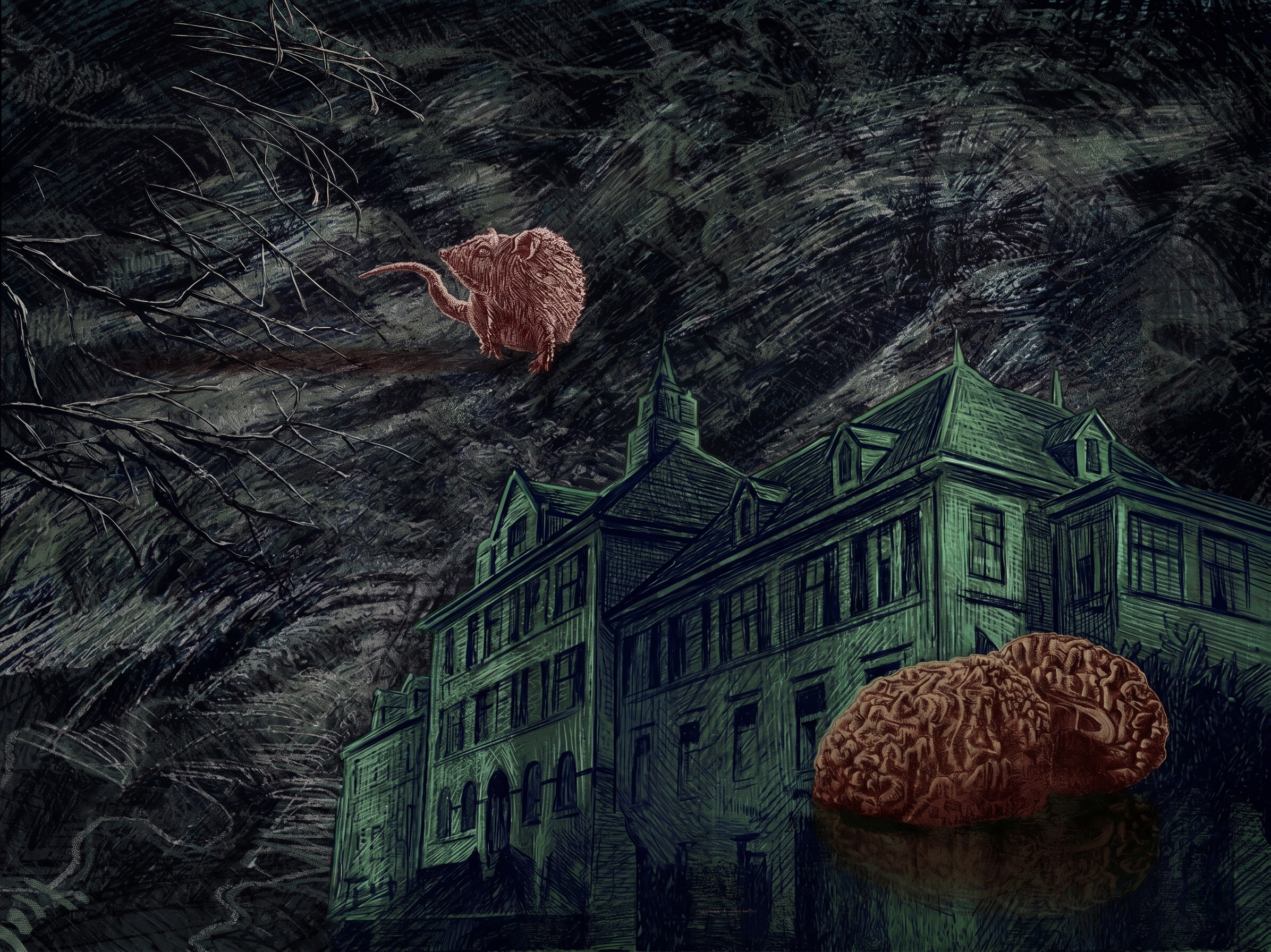 Salieri of Sunnybrook original book cover painting depicting a dark gothic hospital building under a scratchy green sky with a floating brain and a rat.