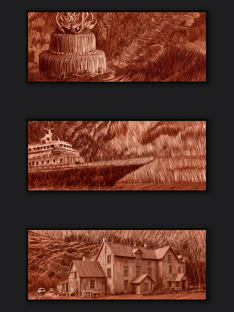 Etched charcoal layout detailing dark shapes and ominous structures in Sunnybrook.