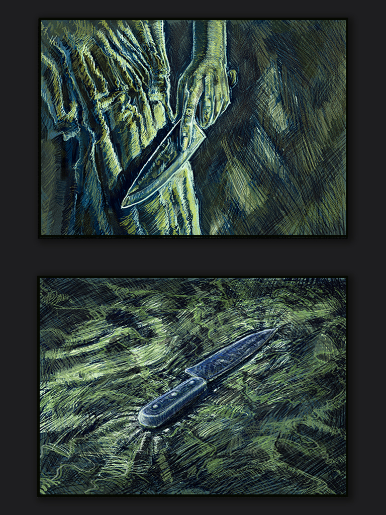 Menacing figure emerging from curtains, showing detail in charcoal drawing technique.